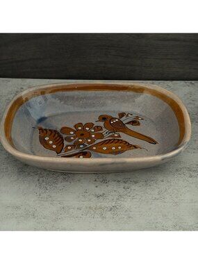 Vintage Tonala Mexico Brown Bird Flowers Hand Painted Pottery Serving Dish 8"